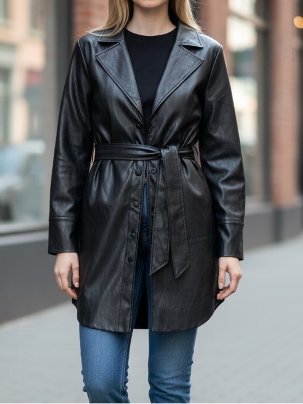 Backyard Roses Black Faux Leather Trench Snap Closure Belted Jacket Sz S